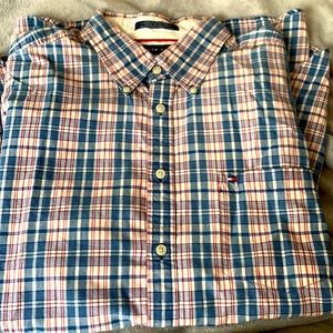Vintage TOMMY HILFIGER Short Sleeve Blue Red Plaid Button Down XL 90s shirt
